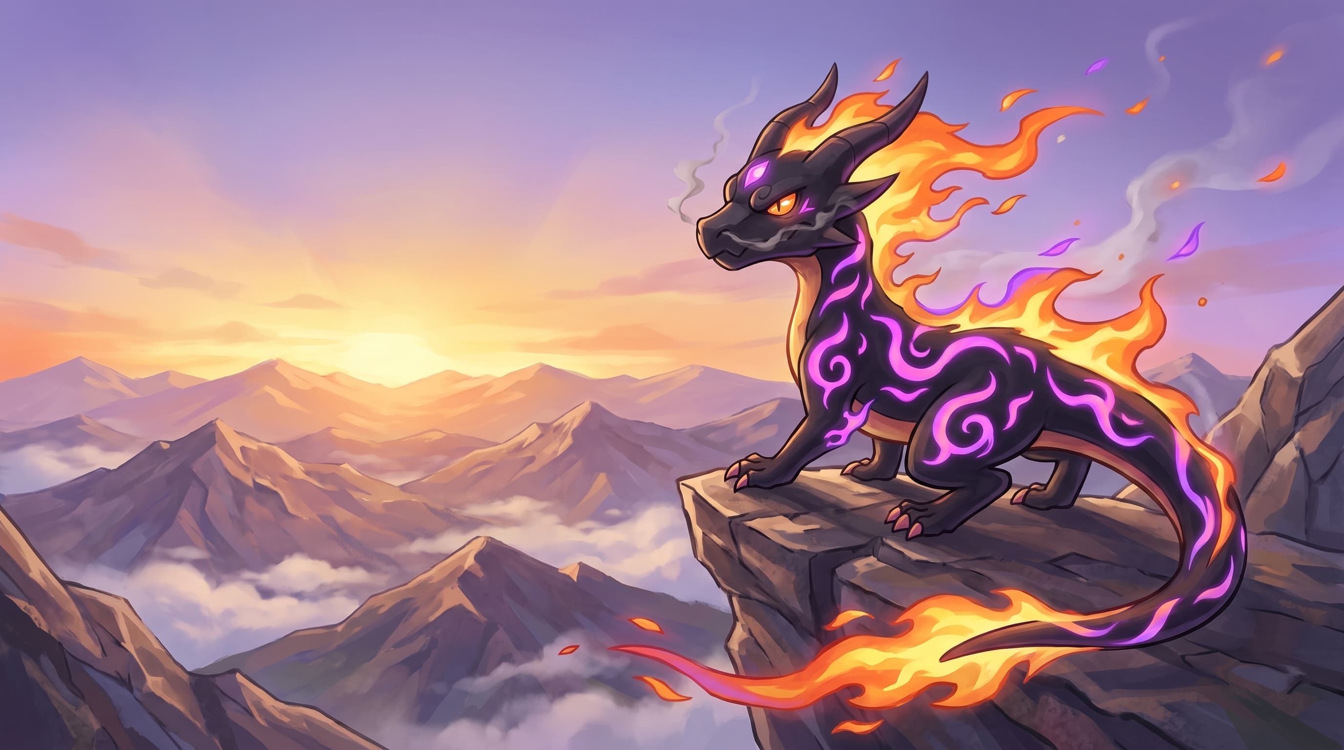 Cardrake's fire-dragon mascot perched on a mountain peak at sunrise, watching the horizon for upcoming Pokemon TCG sets